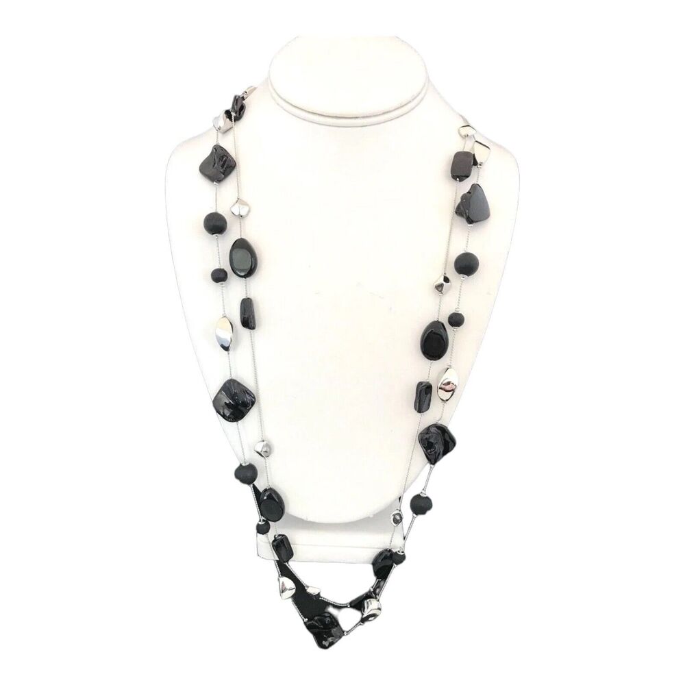 New Silver Tone Multi Strand Necklace Shells Black Beads -13V